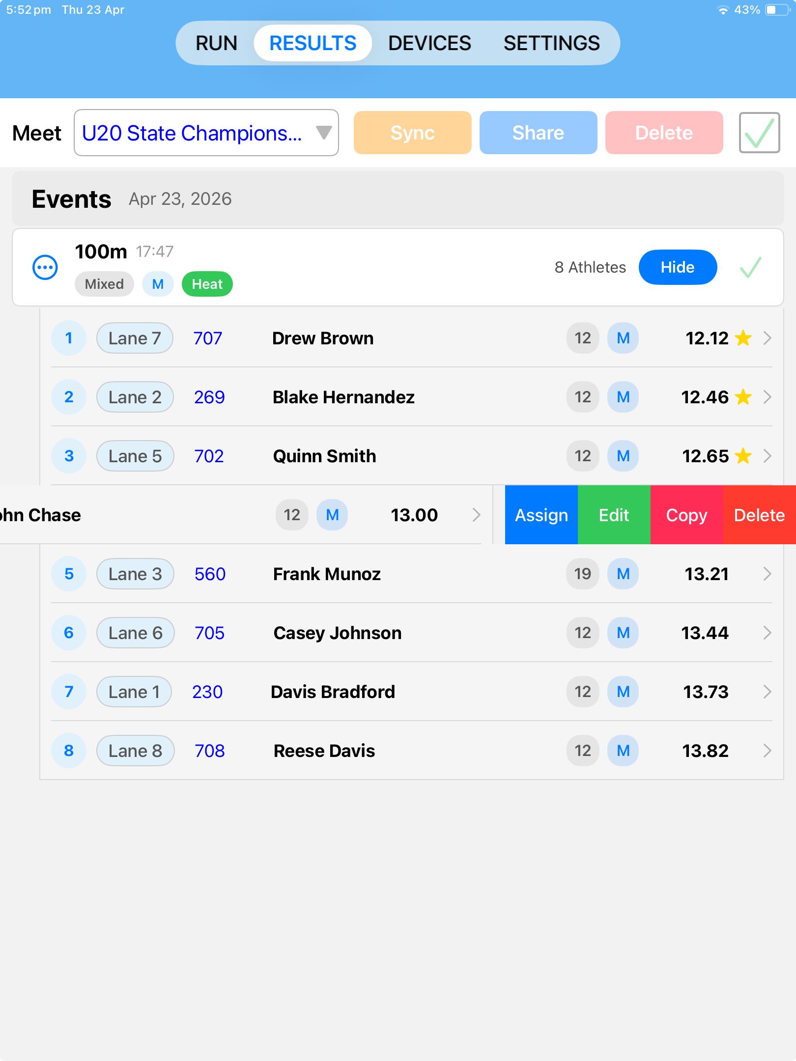 SplitFast Timing App Results page showing U20 State Championships 100m Mixed Male Heat with 8 athletes ranked by time with lane assignments and personal best stars and Sync Share Delete buttons